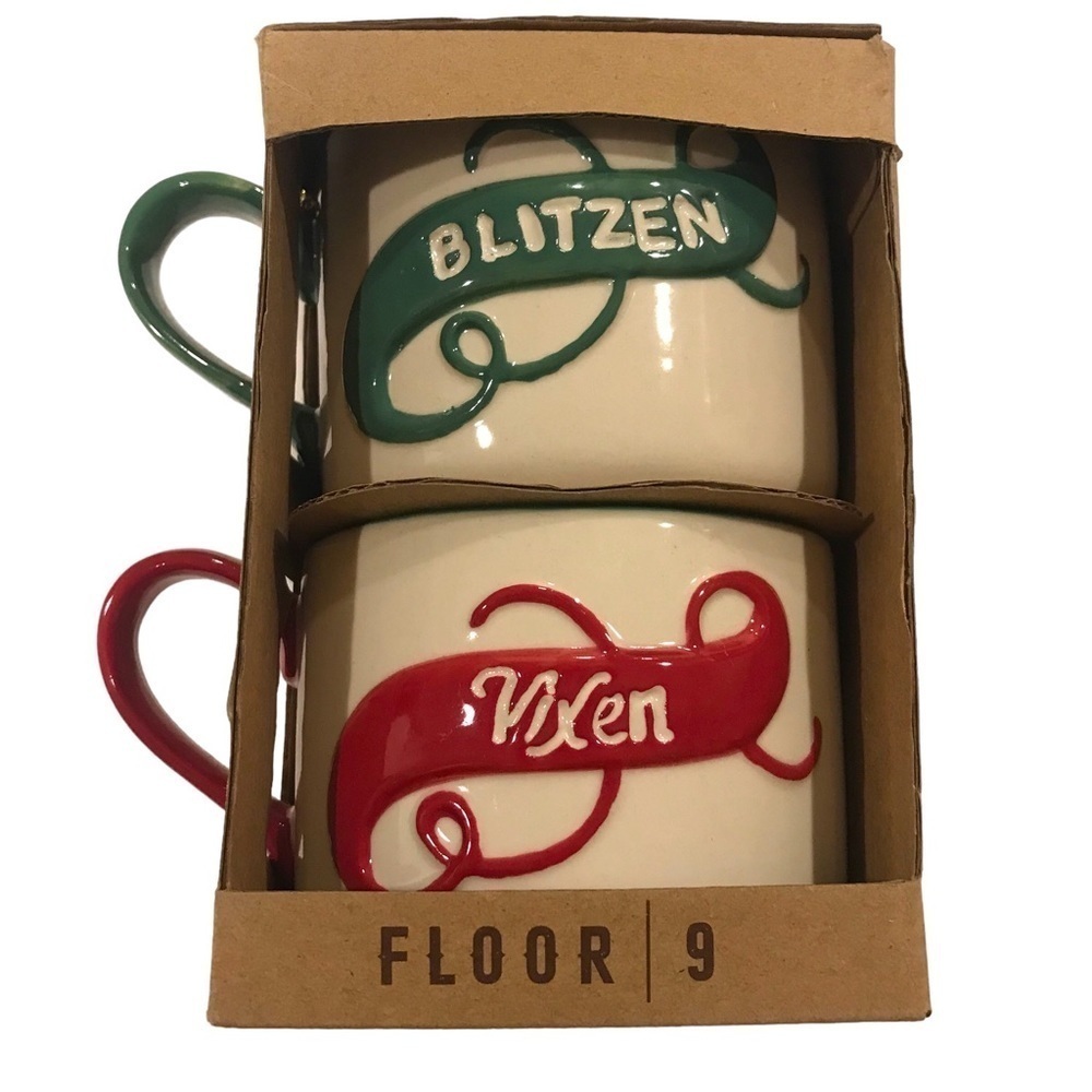 Kitschy Holiday Christmas Mugs New In Box Blitzen Vixen Floor 9